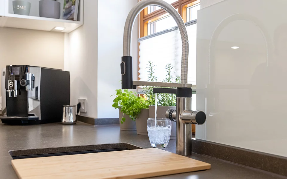 Detailaufnahme einer Küche mit moderner Spüle und hochwertiger Armatur, umgesetzt vom Küchenstudio Lorinser